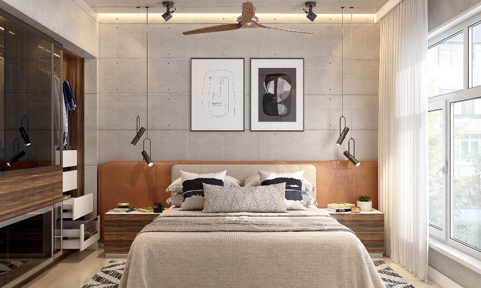 1 bhk flat bedroom designed with a bed, modular sliding wardrobe and wooden flooring