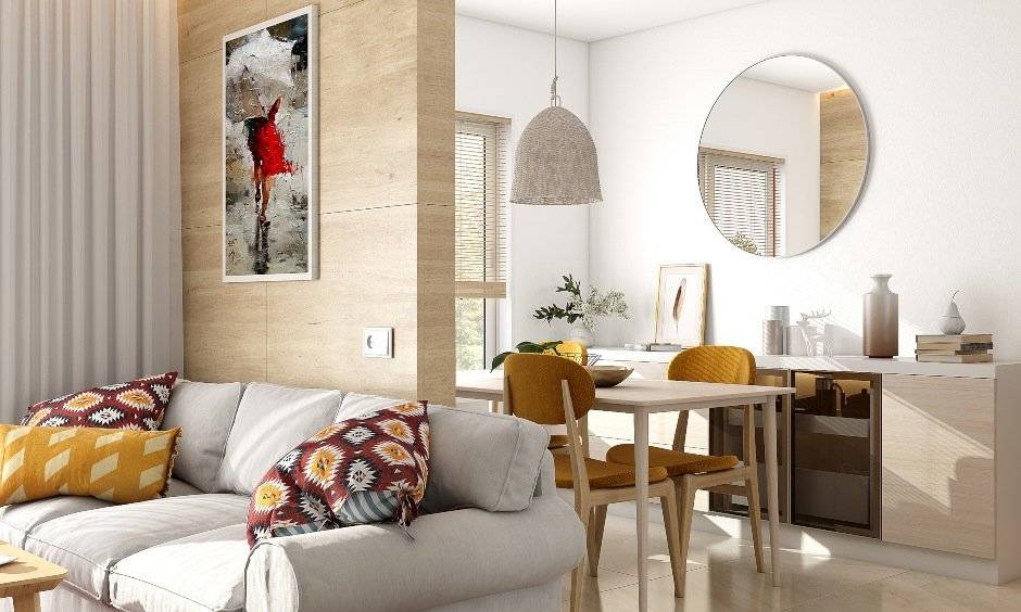 2bhk flat dining room has a four-seat dining table and a side cabinet for arranging crockeries