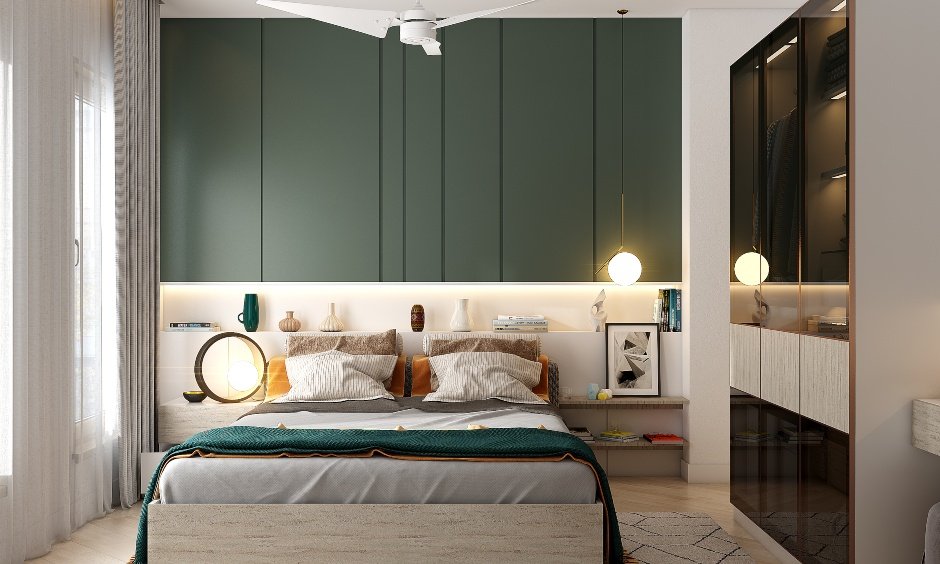 2bhk interior design plan where the master bedroom is finished in white and wood and wardrobe with tinted glass fronts