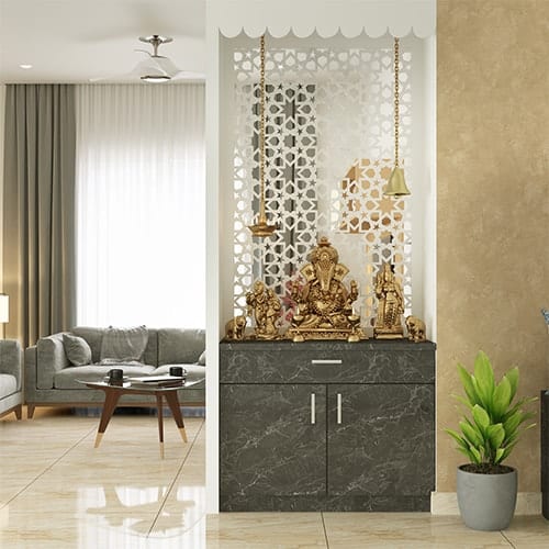 Affordable interior designers in kolkata created a living room with a pooja unit