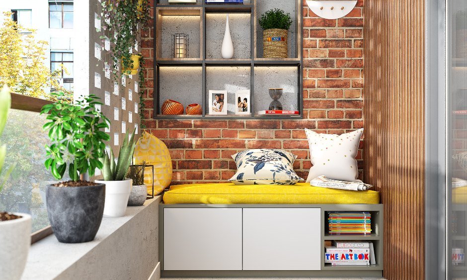 Balcony design with comfortable seating area with a closed cabinets and open shelves