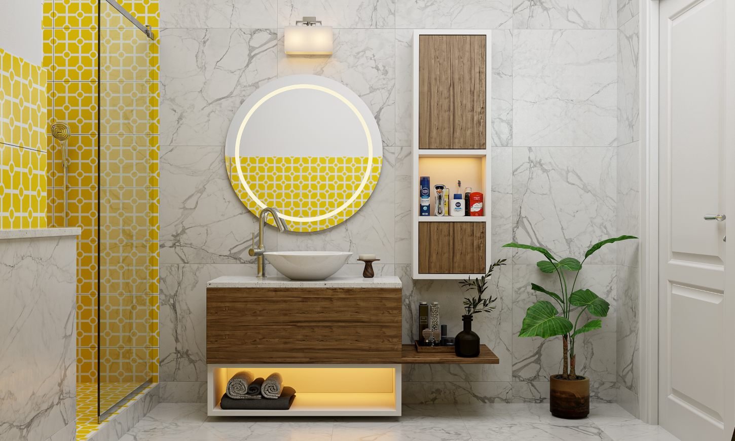 Bathroom design with a vanity with marble countertop, a bowl sink, and mirror back lighting