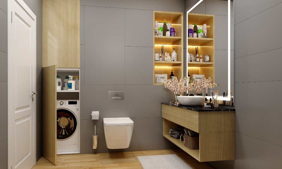 Bathroom designs in minimalist style bathroom in grey tones and wood finishes