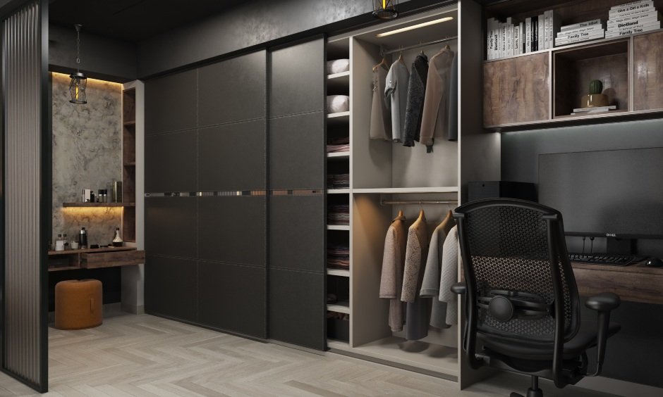 Bedroom interior images in industrial style bedroom with cabinets and shelves for storage in wardrobe design