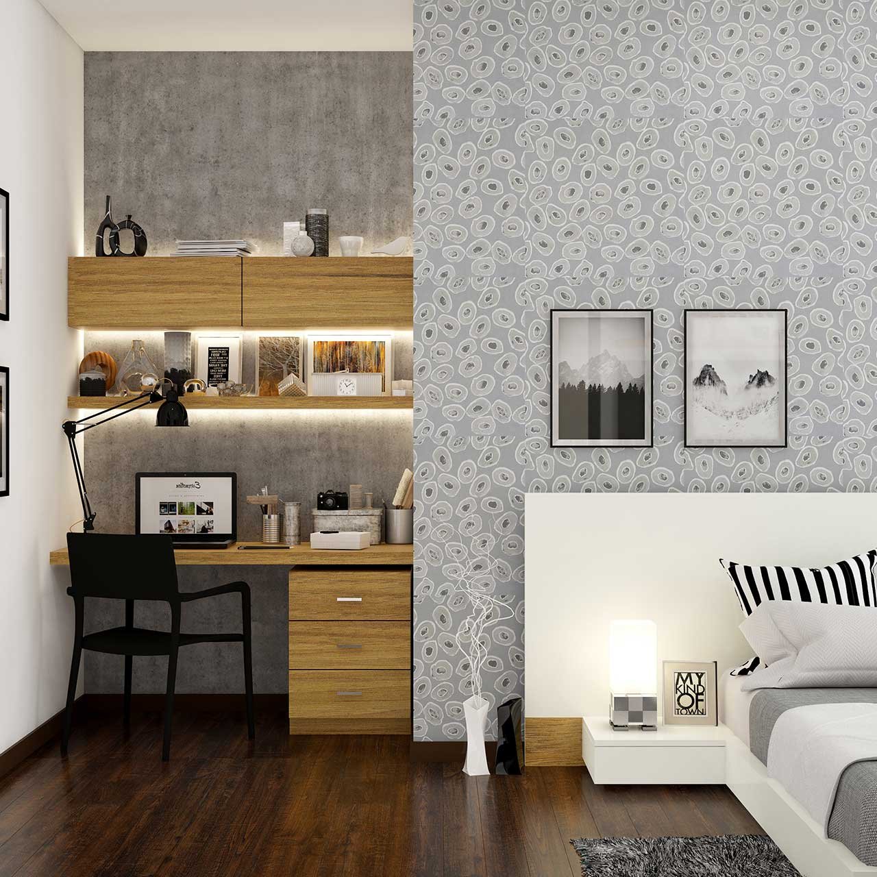 Corner study unit with led strips in the modern bedroom interior