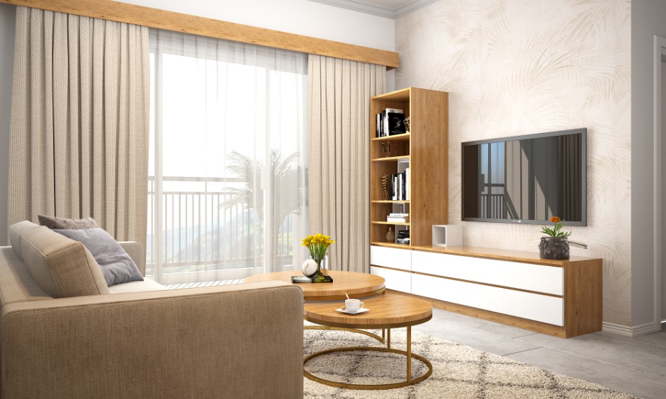 Living room in 1 bhk interior design with sofa and coffee table look elegant