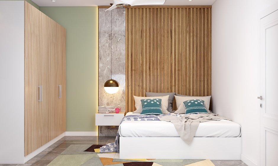 Compact bedroom design comes with queen-size bed and floating side cabinet