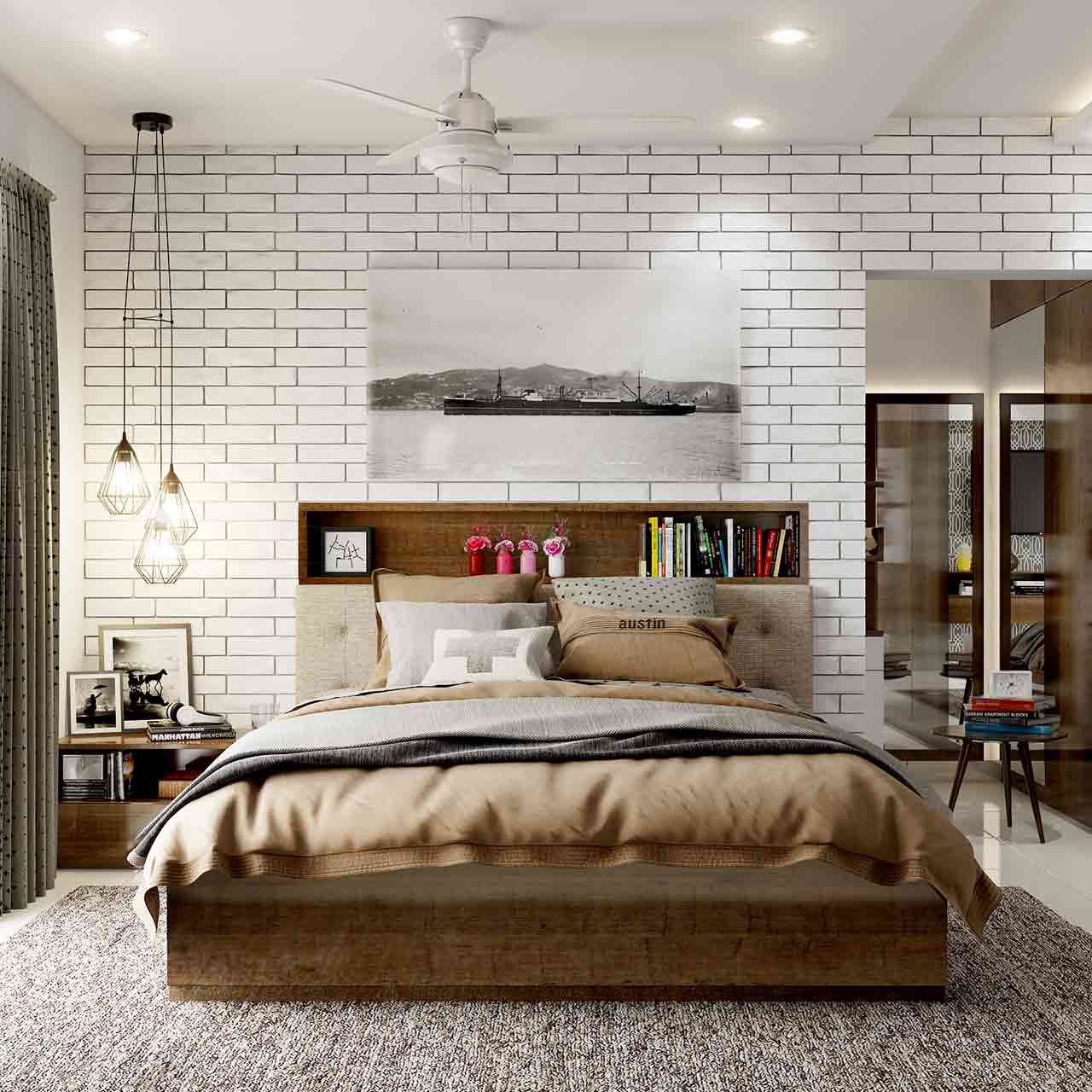 Cottage style bedroom interior design has exposed beams, polished wooden floors, sloping ceilings, and leaded windows