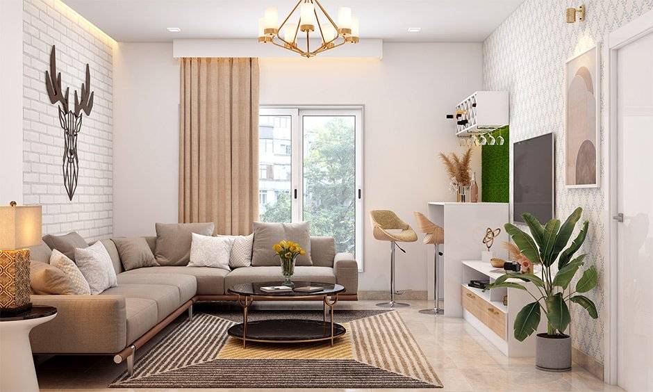Decorating a rectangular living room with wall murals is a better option and looks stylish