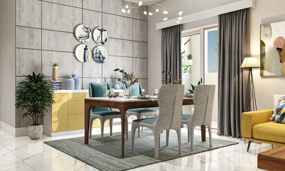Dining room interior design features white marble top and comfortable dining chairs