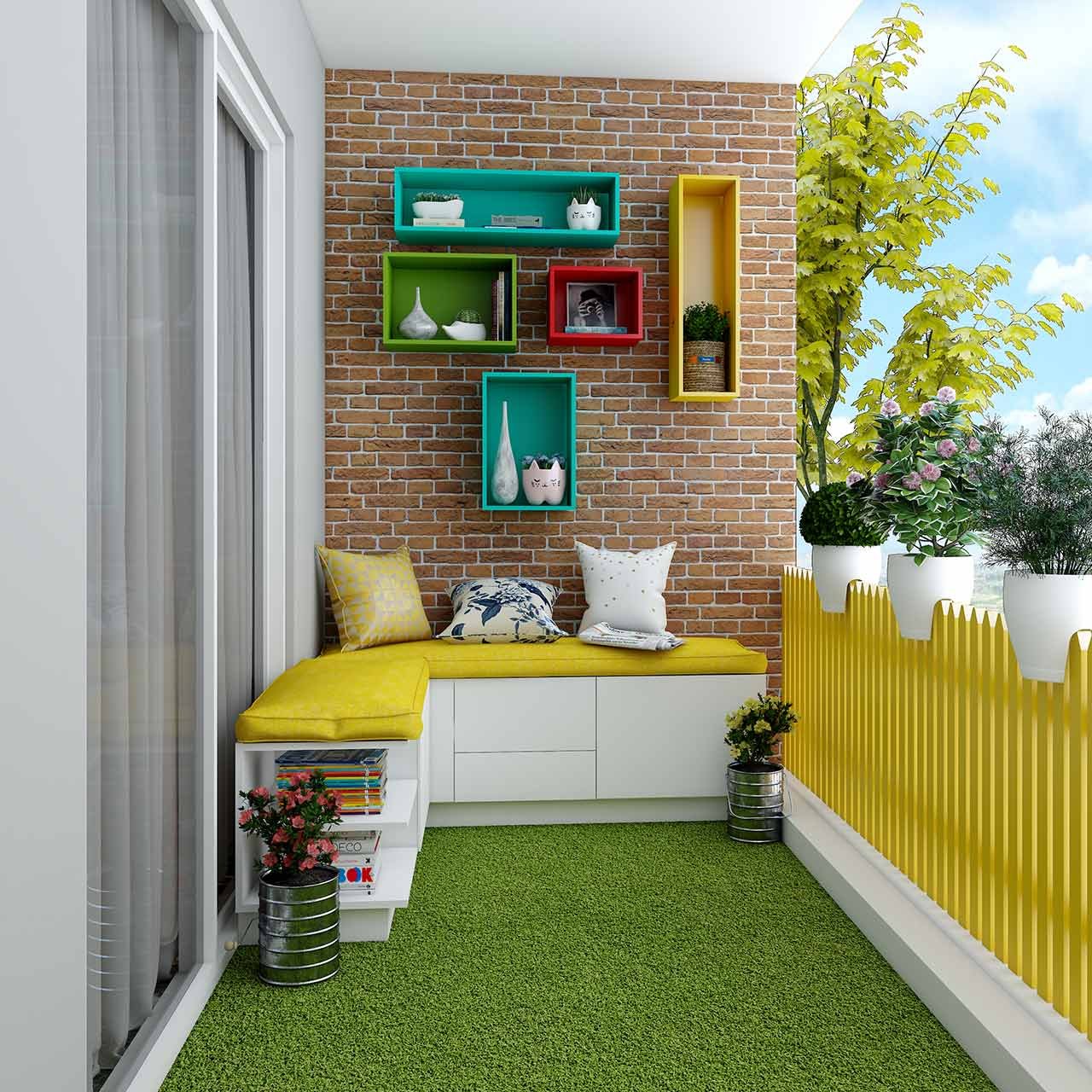 Farmhouse interior design in balcony with rocking chairs or tea tables, hang a couple of plants and place pots around