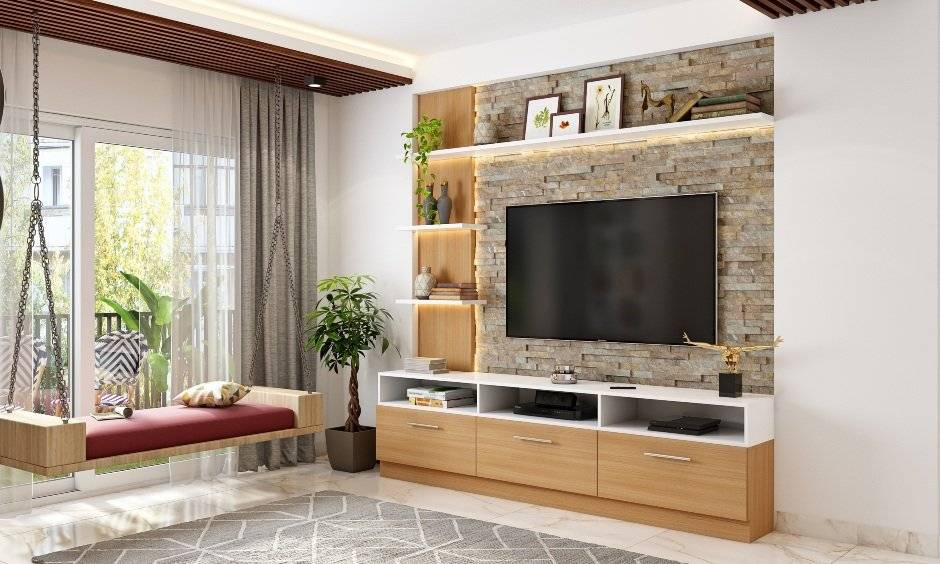Eclectic living room with wooden swing for traditional touch in living area