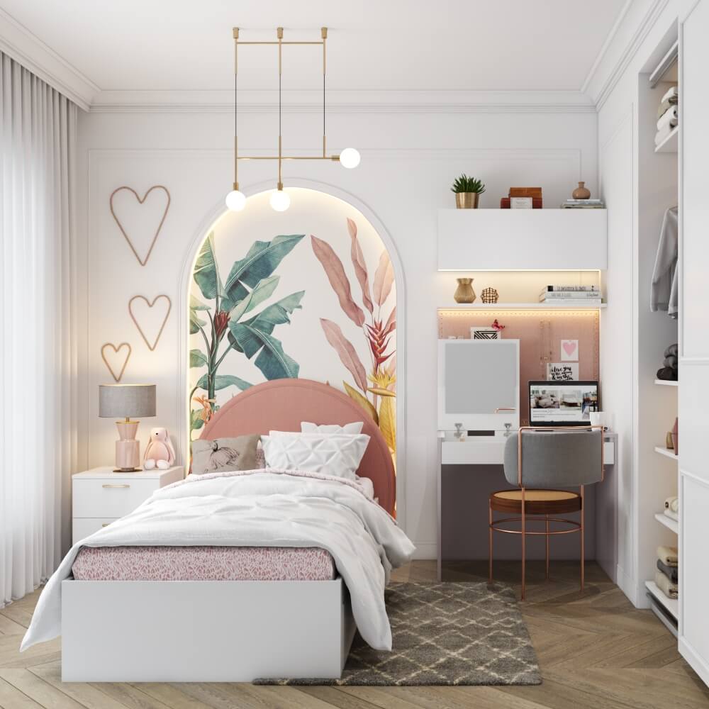A girls bedroom with a study corner