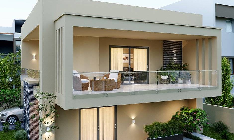 Glass balcony grill design with bamboo furniture and marble flooring