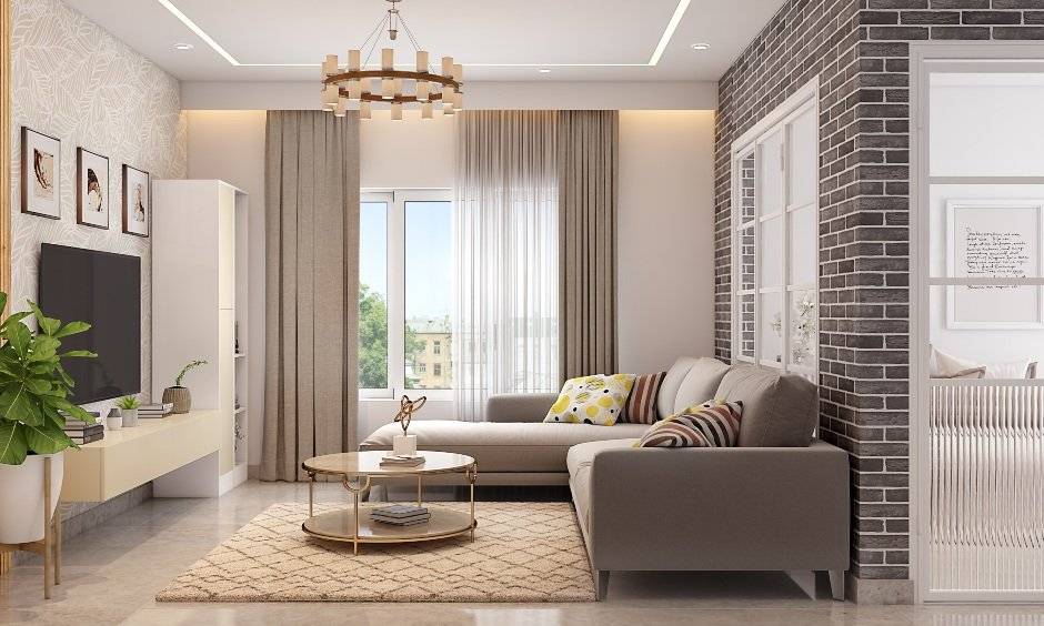 Living room interior in industrial rustic style with earthy tones lends soothing look to the space