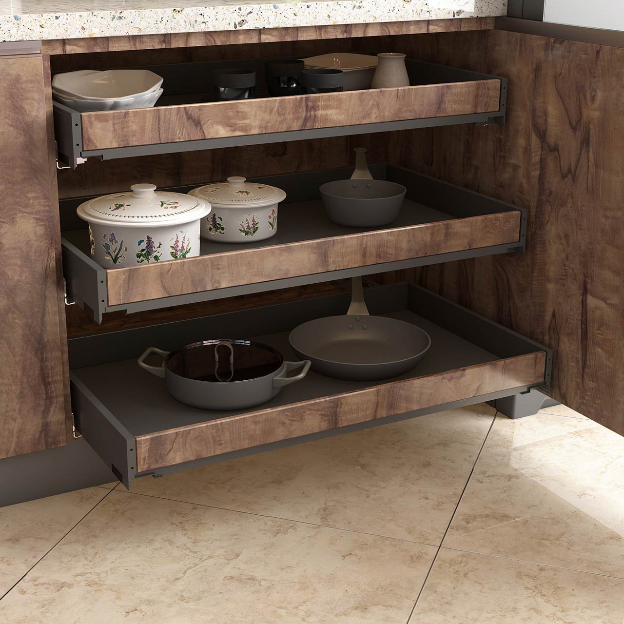 kitchen ideas for small spaces with pull out tray style drawers below the countertop for space maximisation
