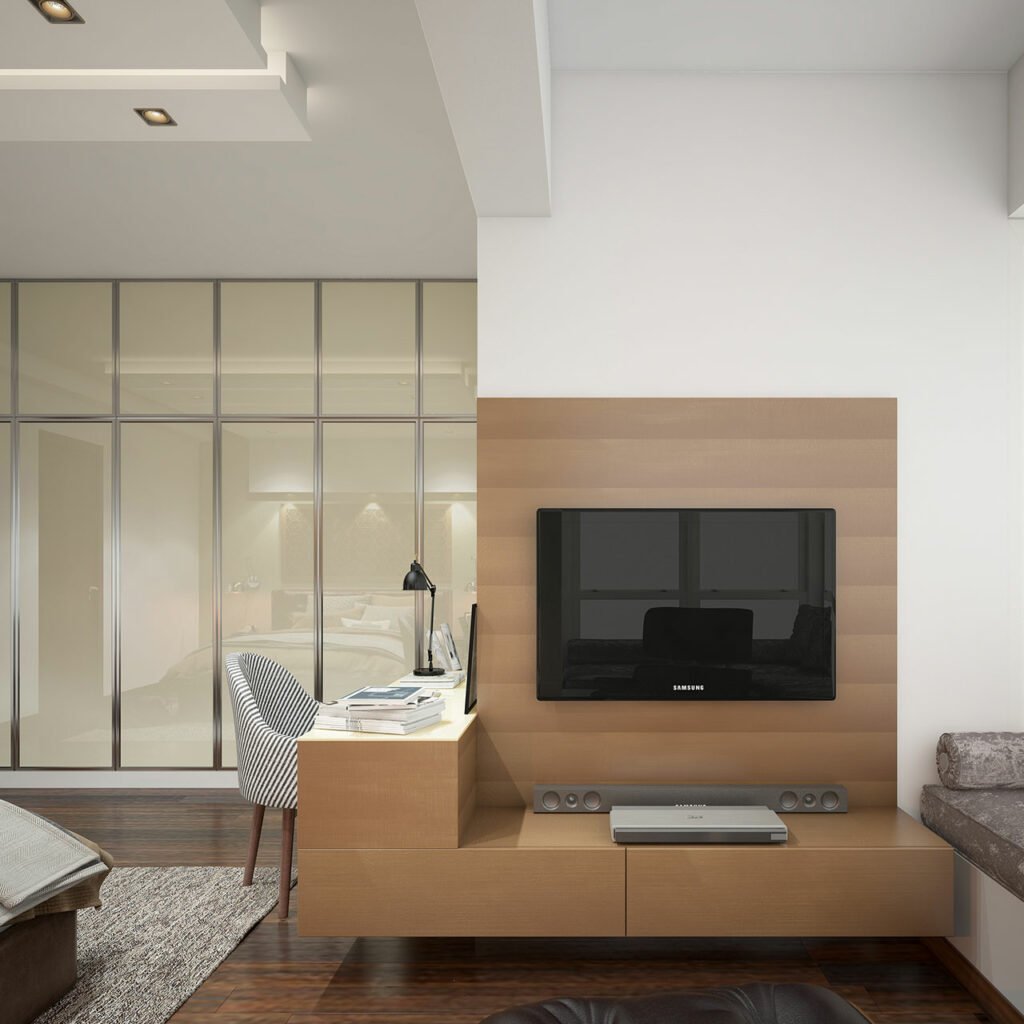LCD panel design by installing the LCD panel on a bedroom wall 
