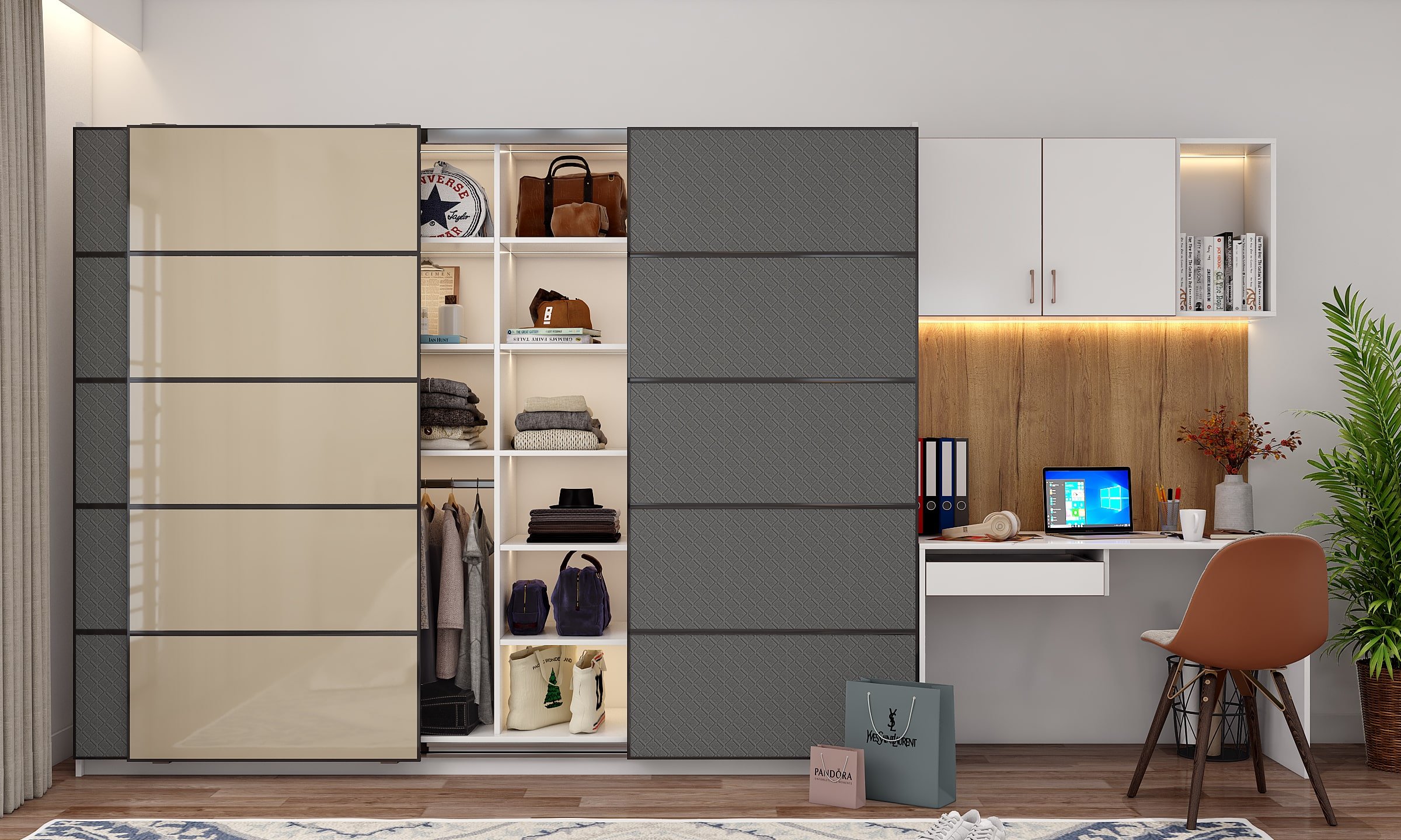 Luxury classic house design features a two-toned sliding door wardrobe with fabric panels
