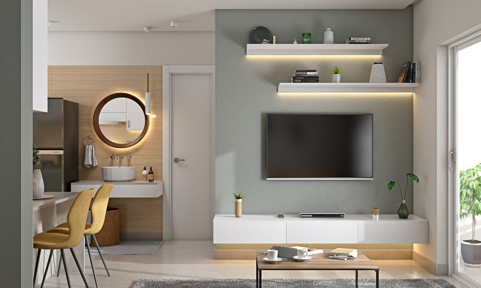 Modern 2bhk house living room with minimalistic style tv unit