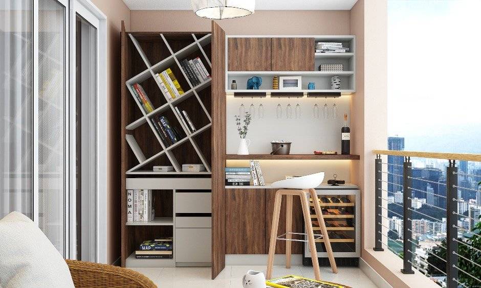 Modern balcony design with a study knook and hidden storage