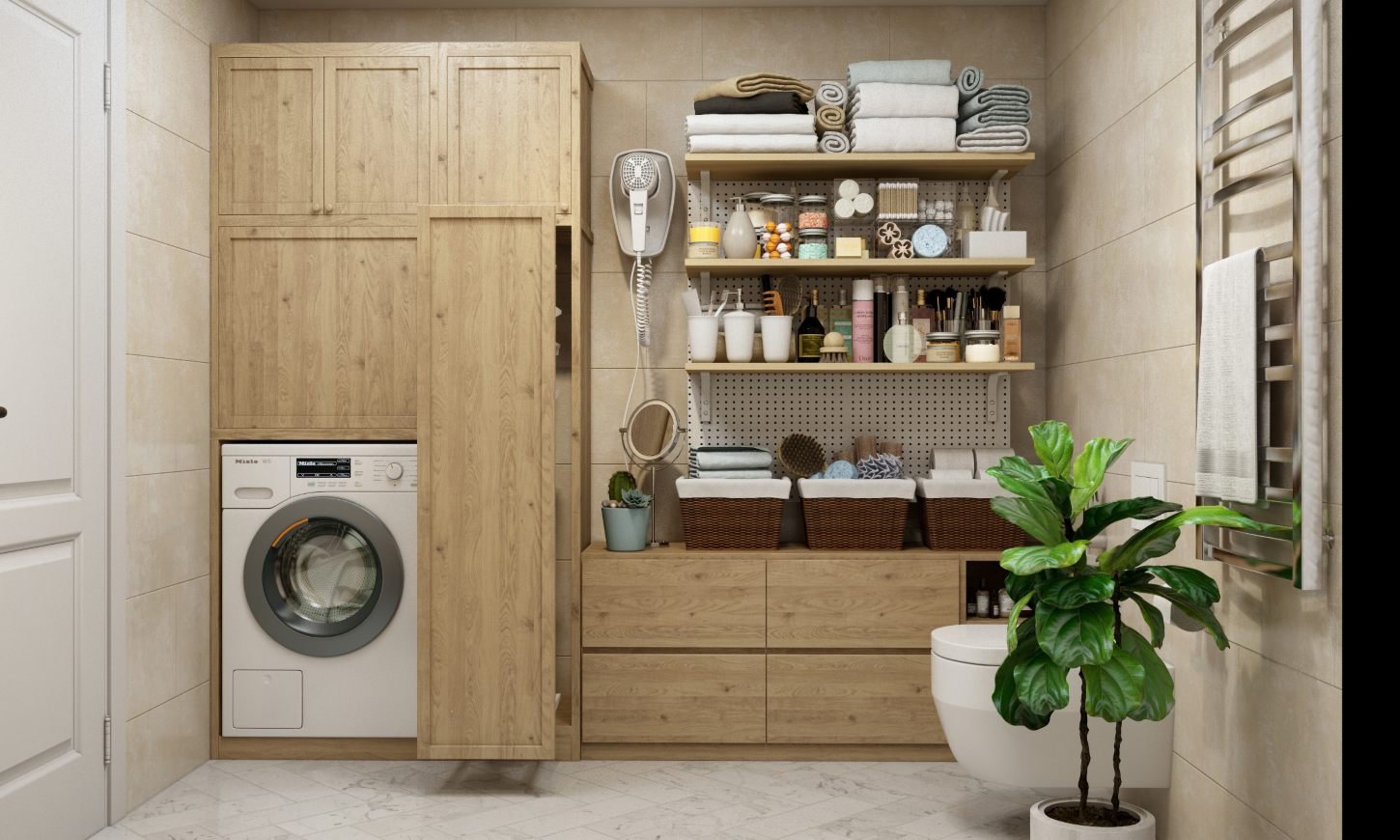 Modern bathroom design with ample storage and laundry area