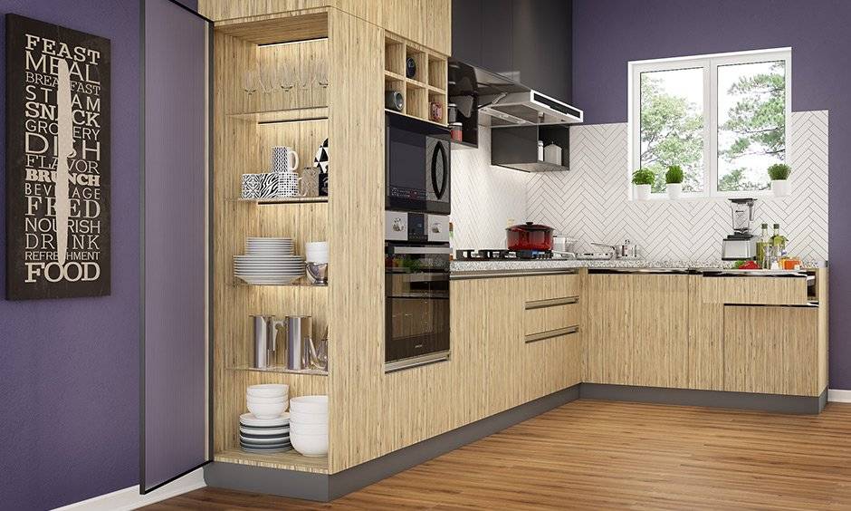 Open side with glass shelves kitchen unit design to display crockery & lit up internally using led strip light in your kitchen