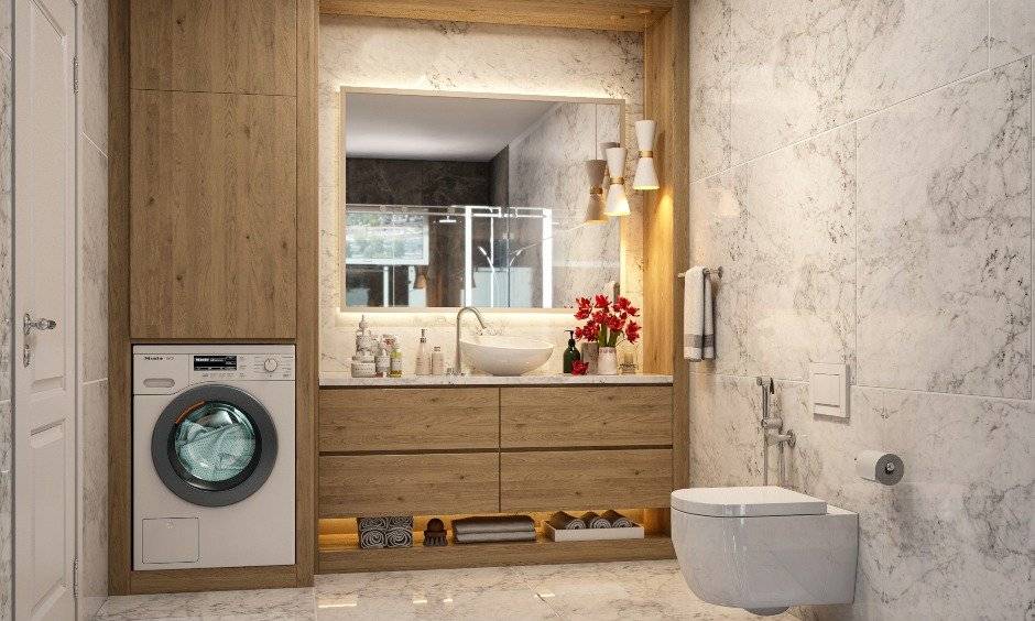 Small bathroom design in modern organic style with marble tiles makes classy small bathroom