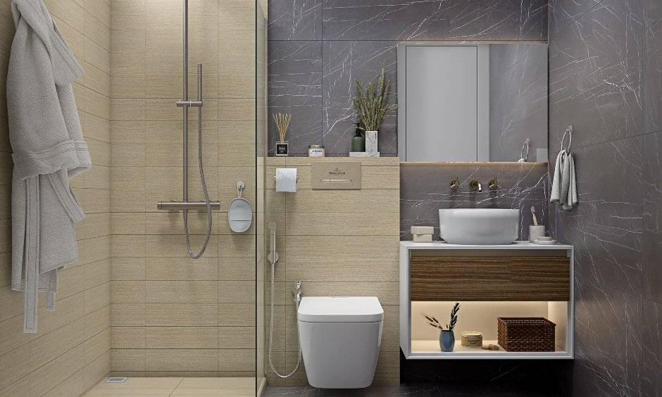 Small bathroom design with wood finished floating vanity unit in modern 2bhk home
