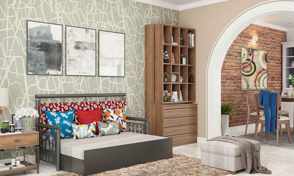 Small living room interior with a metal indian diwan
