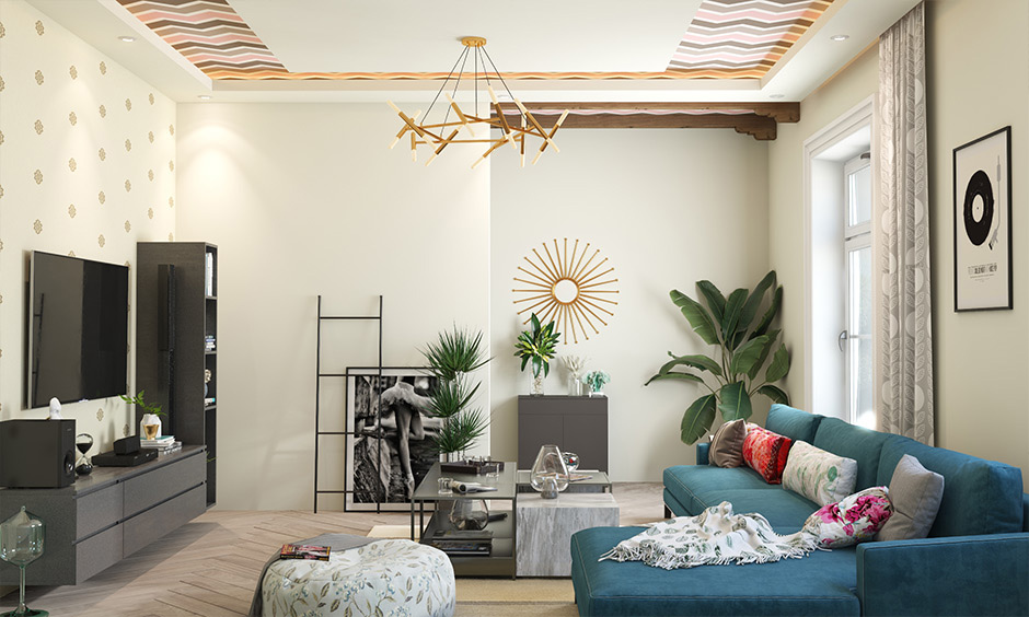 Rectangular room with a tiered false ceiling design, adding depth, balance, and a visually striking focal point.