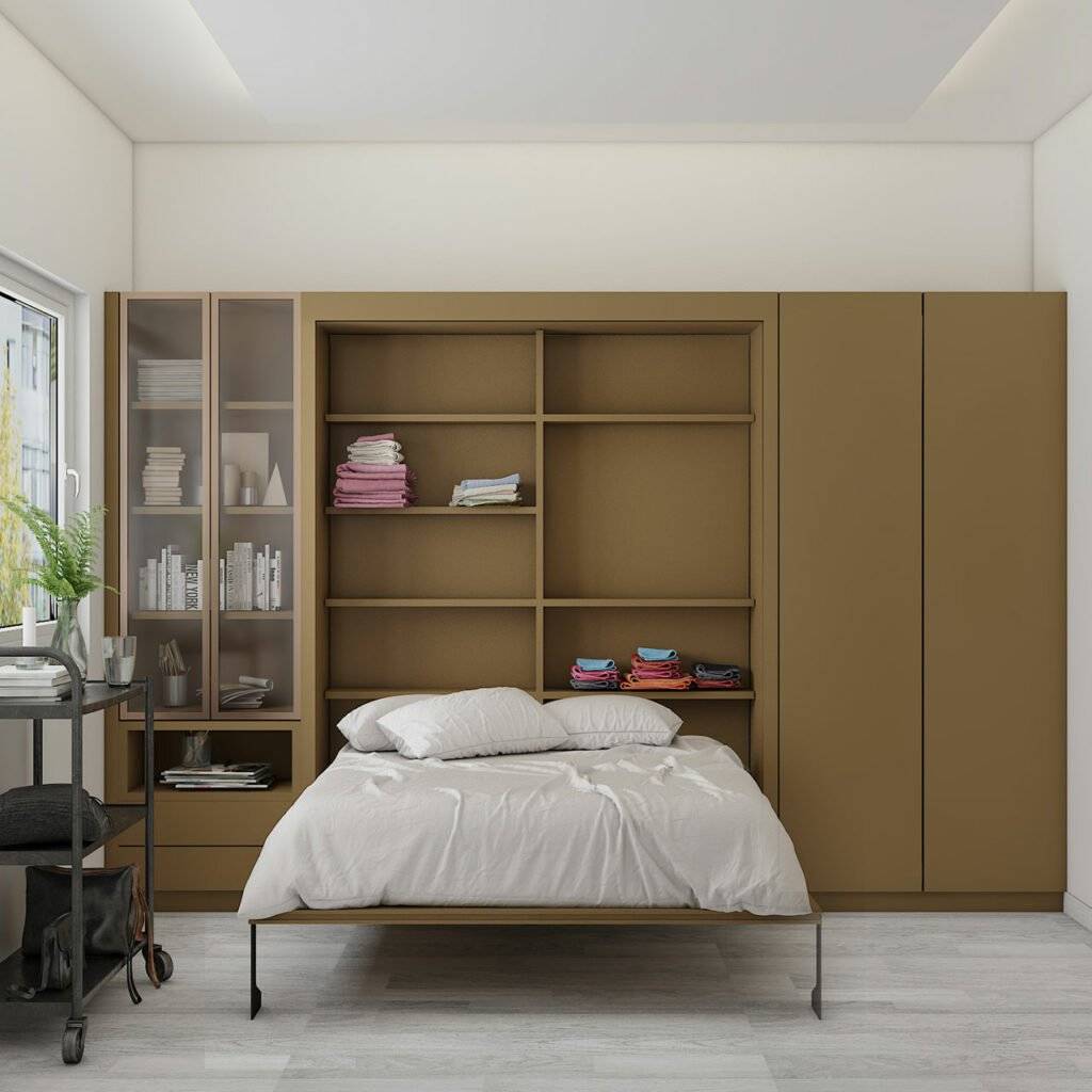 Wall folding bed design with a wardobe acts as a Murphy bed with invisible storage and space saving technique.