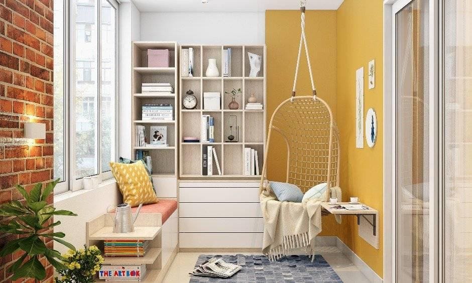 Balcony design with book cabinet and hanging swing for Indian balcony designs