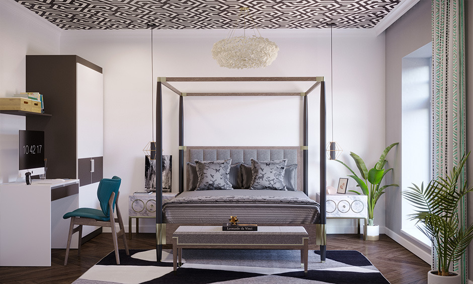 Trending bedroom ceiling design for 2025 featuring stylish wallpaper, wood paneling, and decorative plaster finishes