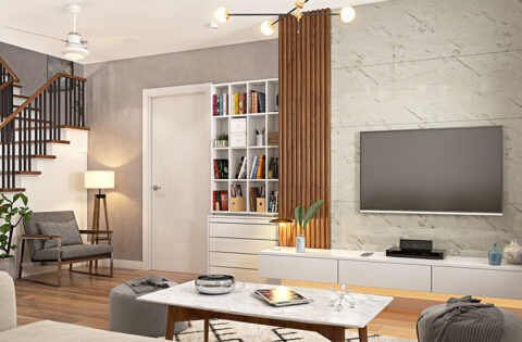 Luxurious living room with a marble TV unit design, featuring an Italian marble panel, wooden accents, and modern decor