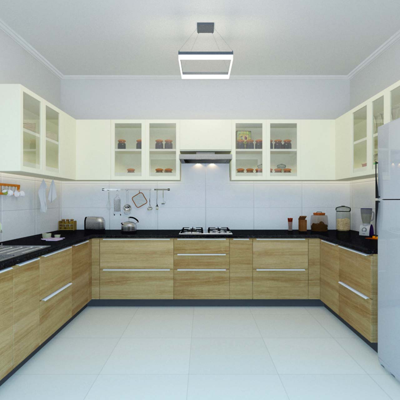 Types of kitchen shapes with u shaped kitchen layout with wooden finish on the drawers below the countertop