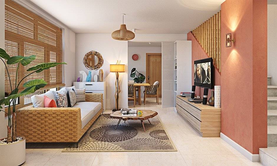 Using a corner for furniture placement in a rectangular living room keeps the room clutter-free